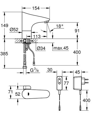 Grohe Europlus E Fotoselli Lavabo Bataryası Elektrikli - 36015001 - 2