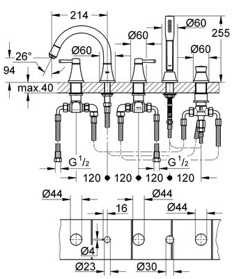 Grohe Grandera 5 Delikli Küvet Bataryası Krom/Altın - 19919IG0 - 2